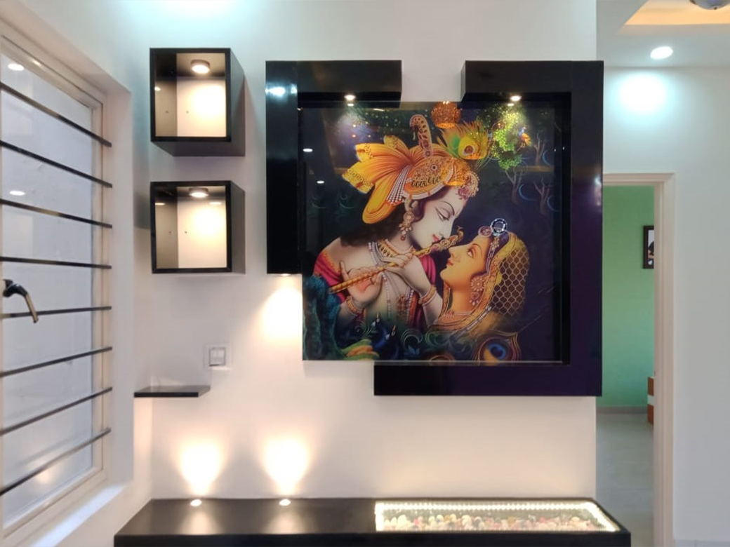 Creating a serene and aesthetically pleasing pooja room  with krishna radha wall paint and LED fixtures to brighten the most essential for many households, and interior designers in Hyderabad are adept at incorporating cultural elements into their designs.